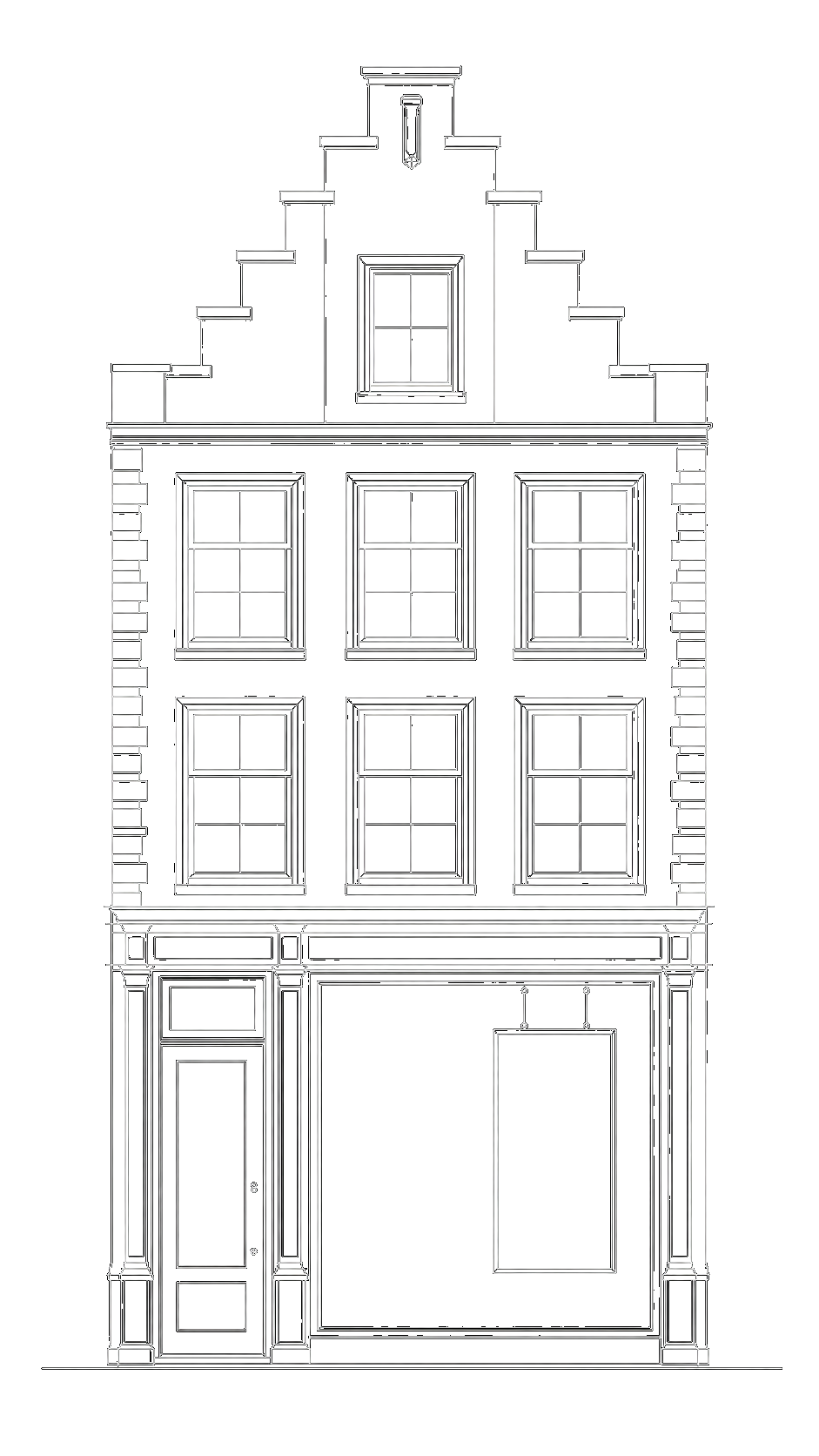 Technical blueprint of an Amsterdam canal house facade with a ZAP screen hanging in the storefront window, playing campaign content