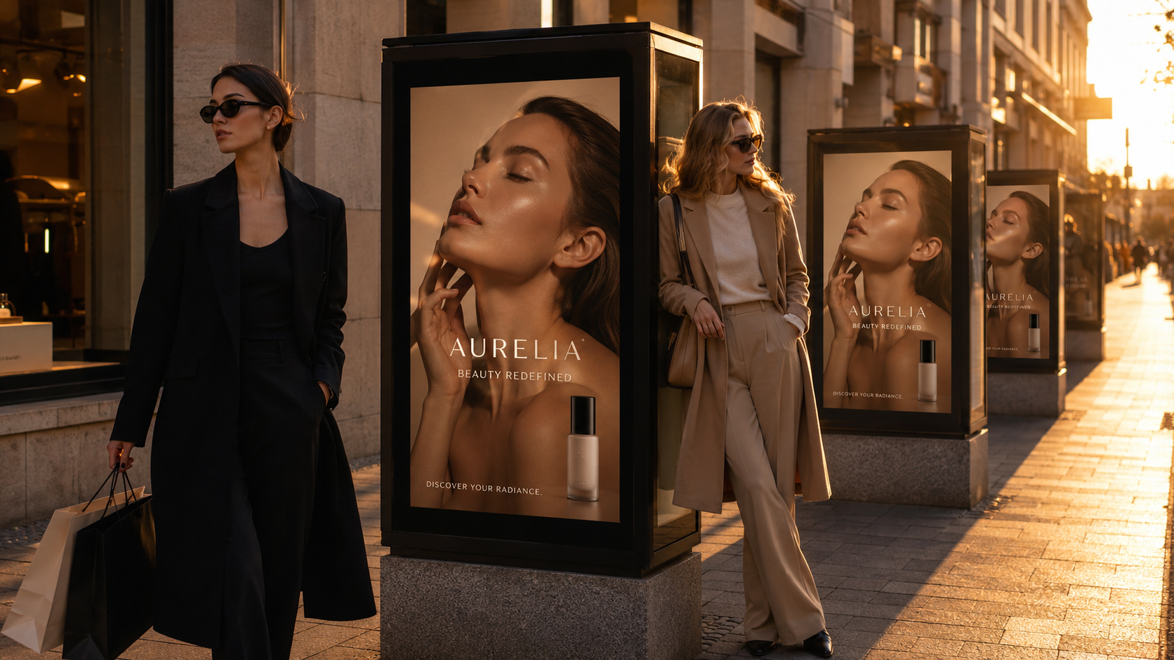 Premium street-level digital displays at golden hour