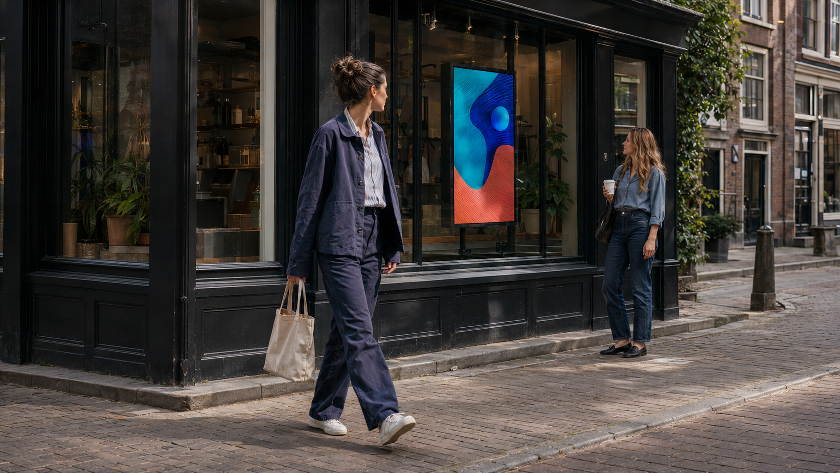 Pedestrians passing a ZAP storefront display on a daytime Amsterdam shopping street