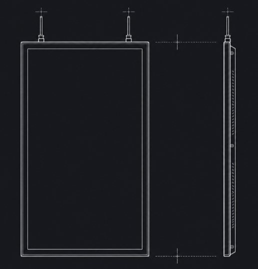 Technical drawing of a ZAP storefront display, front and side view, with the screen playing content